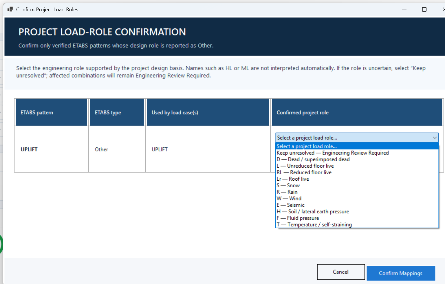 Load-role confirmation for ETABS patterns